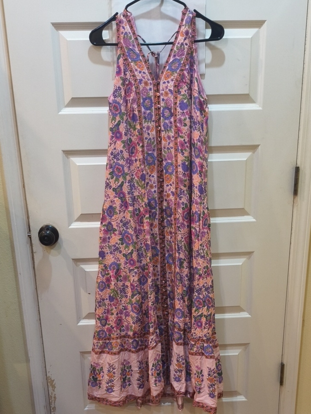 In Loom Pink Sleeveless Floral Maxi Dress with Purple & Green Accents